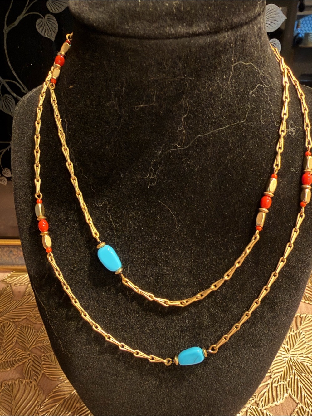Avon Gold Chain Necklace with Turquoise and Coral Beads - Women Jewelry